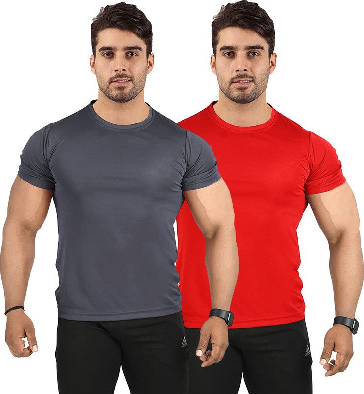 Pack of 2 UDI n ADI Men's Red And Grey Combo T-Shirt Polyester Drifit For Men Pack Of 2 Men Solid Round Neck Viscose Rayon Red, Grey T-Shirt