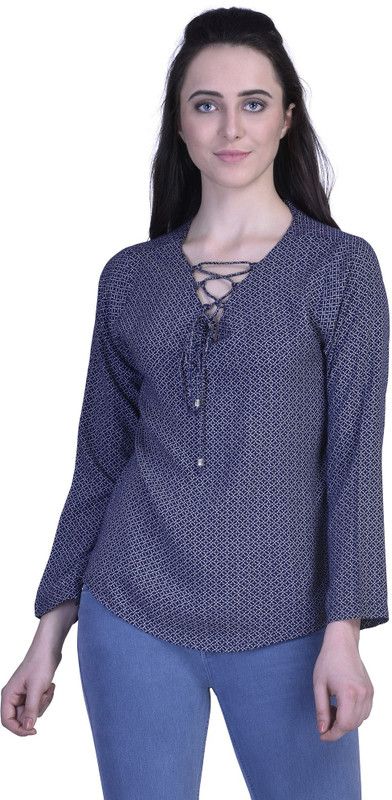 Formal Regular Sleeves Printed Women Blue Top