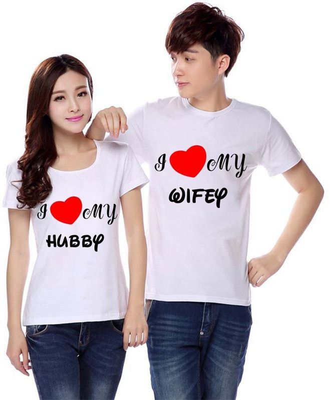 Pack of 2 Couple Self Design Round Neck Poly Cotton White T-Shirt