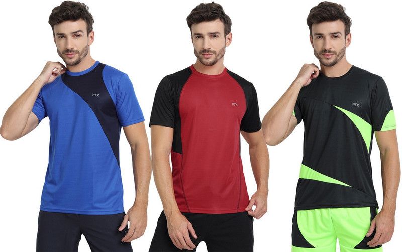 Pack of 3 Men Solid Round Neck Polyester Red, Blue, Black T-Shirt