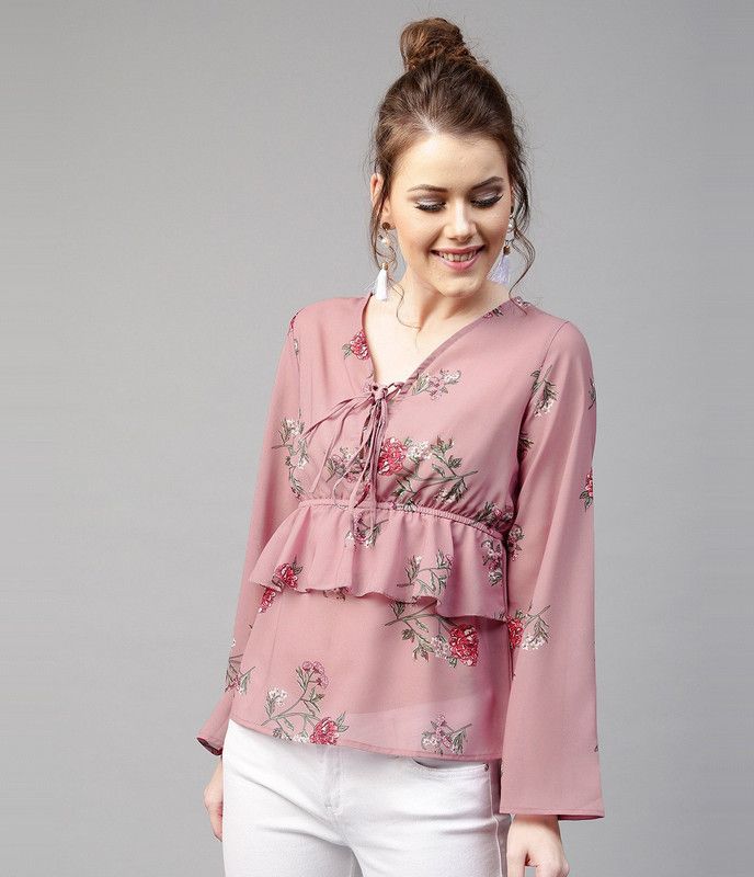 Casual Bell Sleeves Floral Print Women Red, Pink Top