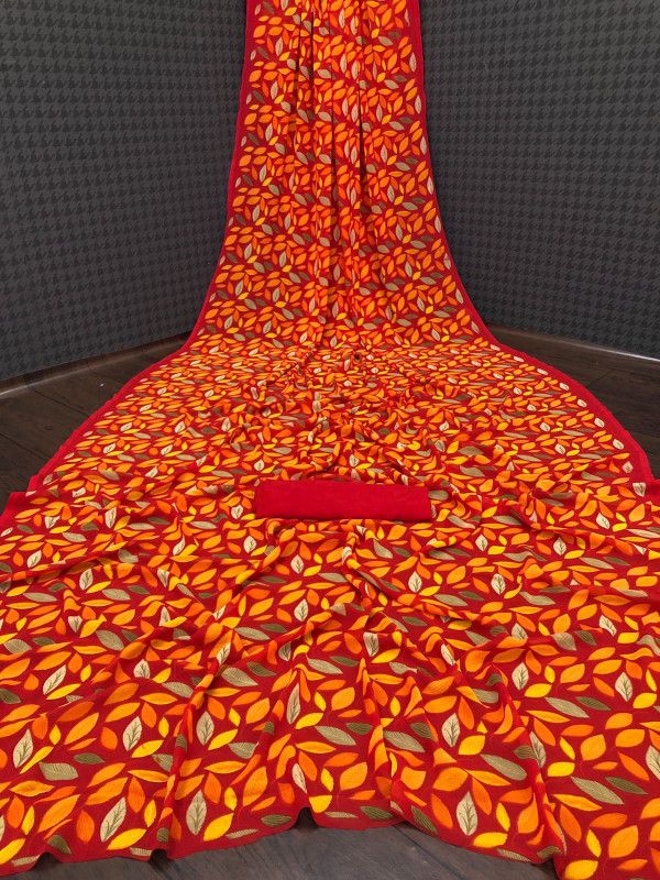 Floral Print, Printed, Self Design Daily Wear Georgette, Pure Silk Saree  (Red, Yellow)