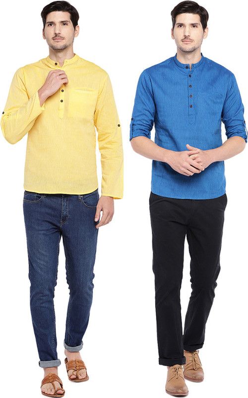 Pack of 2 Men Self Design Pure Cotton Straight Kurta  (Blue, Yellow)