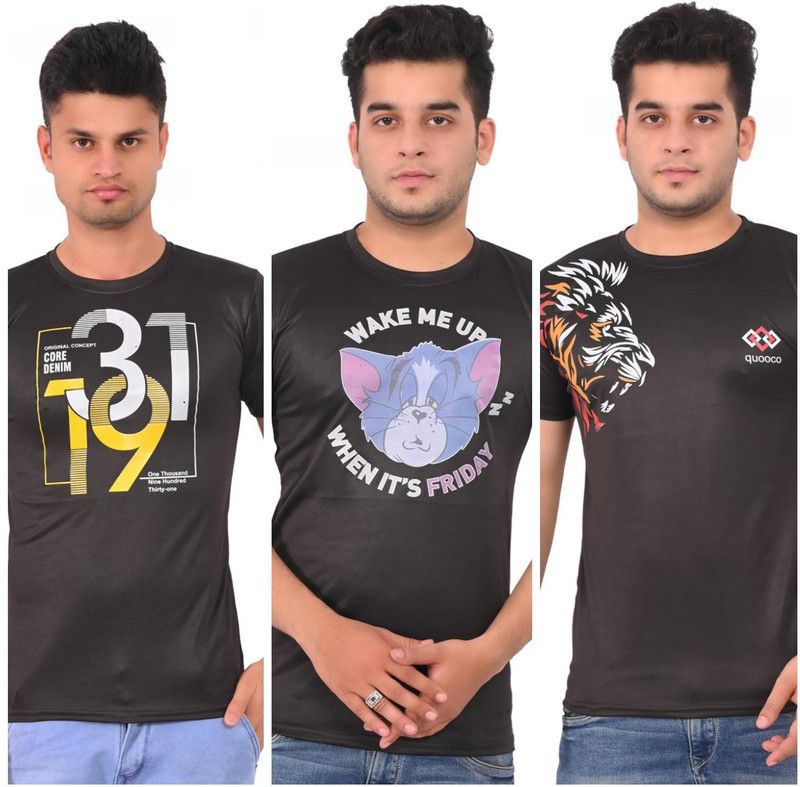 Pack of 3 Mens look Tshirt Gym Wear Men Typography Round Neck Elastane Black T-Shirt
