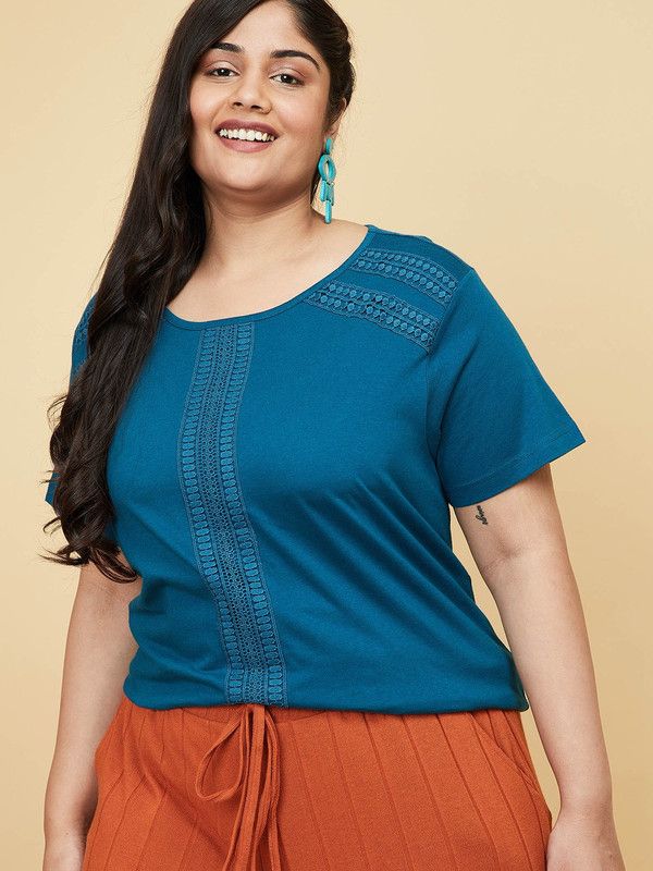Women Self Design Round Neck Pure Cotton Blue T-Shirt