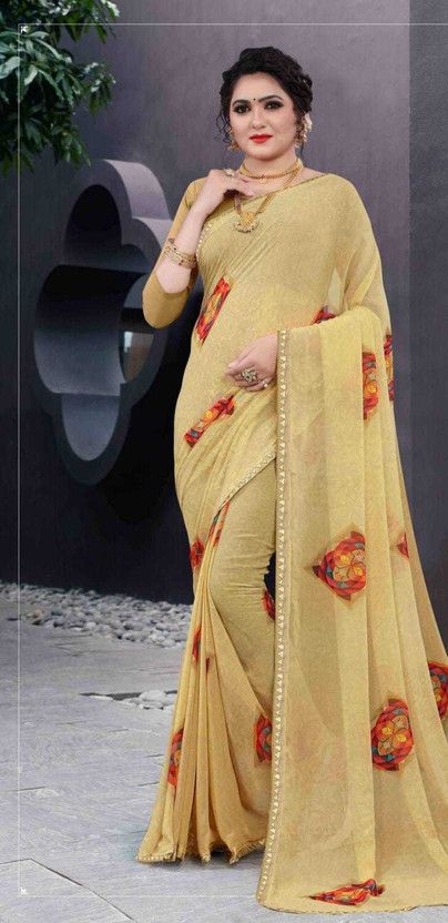 Printed Bollywood Georgette Saree  (Cream)