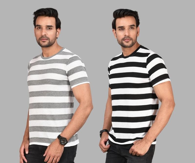 Pack of 2 Men Striped Round Neck Cotton Blend Black, Grey T-Shirt
