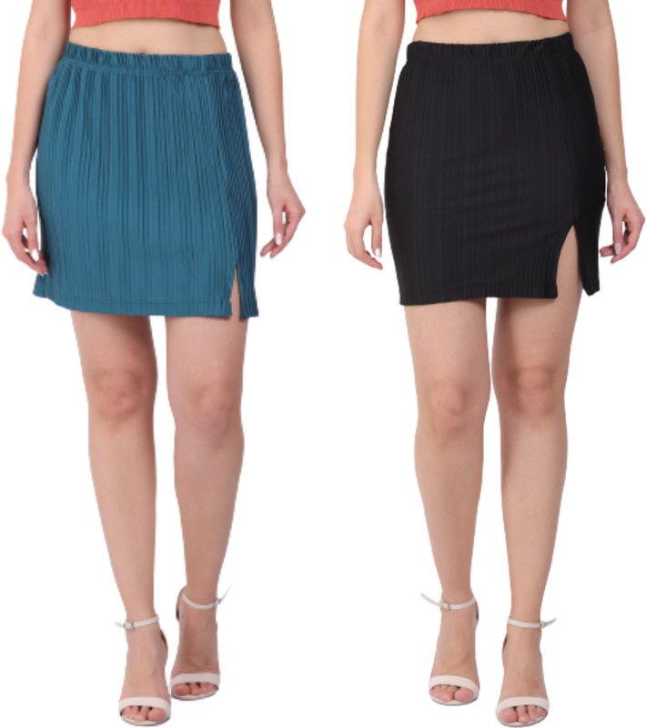 Women Solid Pleated Black, Dark Green Skirt