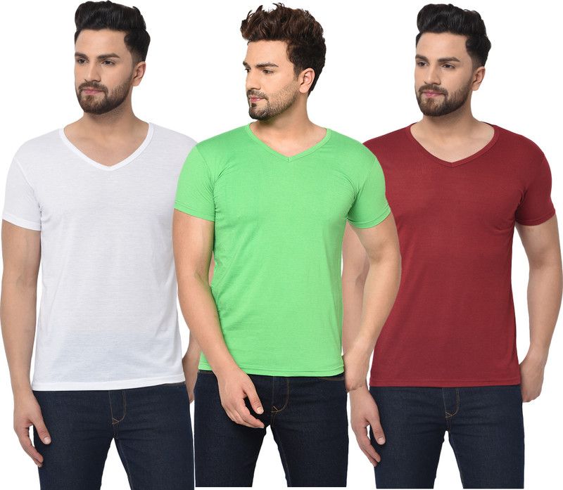 Pack of 3 Men Solid V Neck Cotton Blend White, Maroon, Light Green T-Shirt