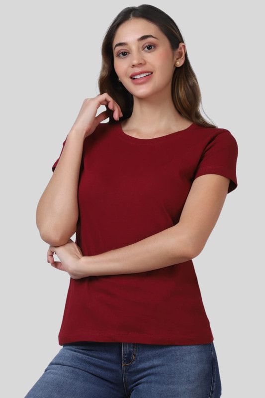 Women Solid Round Neck Poly Cotton Red T-Shirt