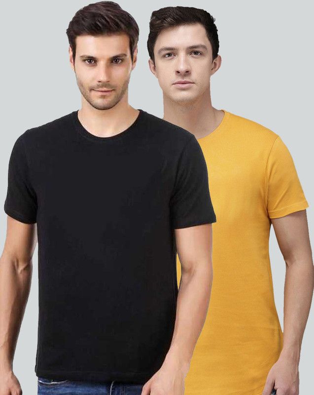 Pack of 2 HS-PLAIN Men Solid Round Neck Pure Cotton Black, Yellow T-Shirt