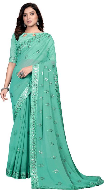 Self Design, Embroidered, Embellished Bollywood Georgette Saree  (Blue)