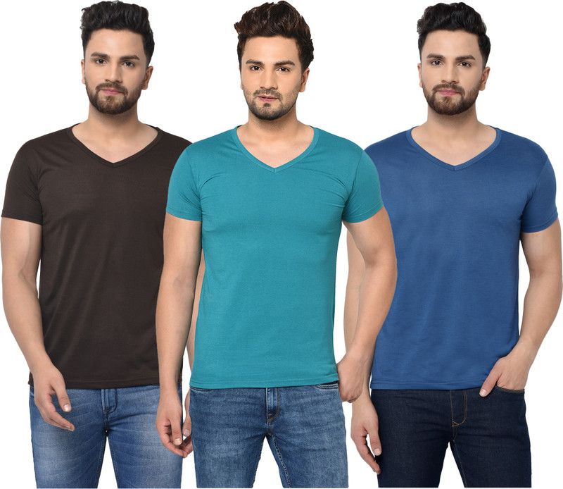 Pack of 3 V neck Combo T-shirts Men Solid V Neck Cotton Blend Dark Blue, Brown, Black T-Shirt