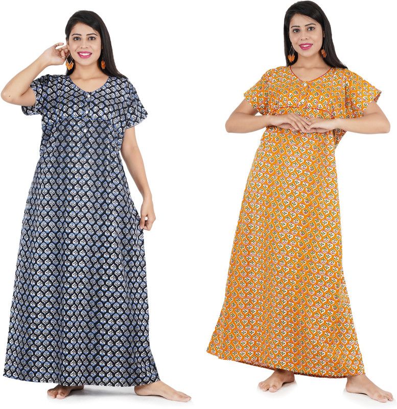 Pack of 2 Women Nighty Set  (Dark Blue, Yellow)