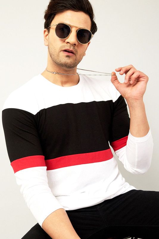 Men Colorblock Round Neck Cotton Blend Black, White, Red T-Shirt