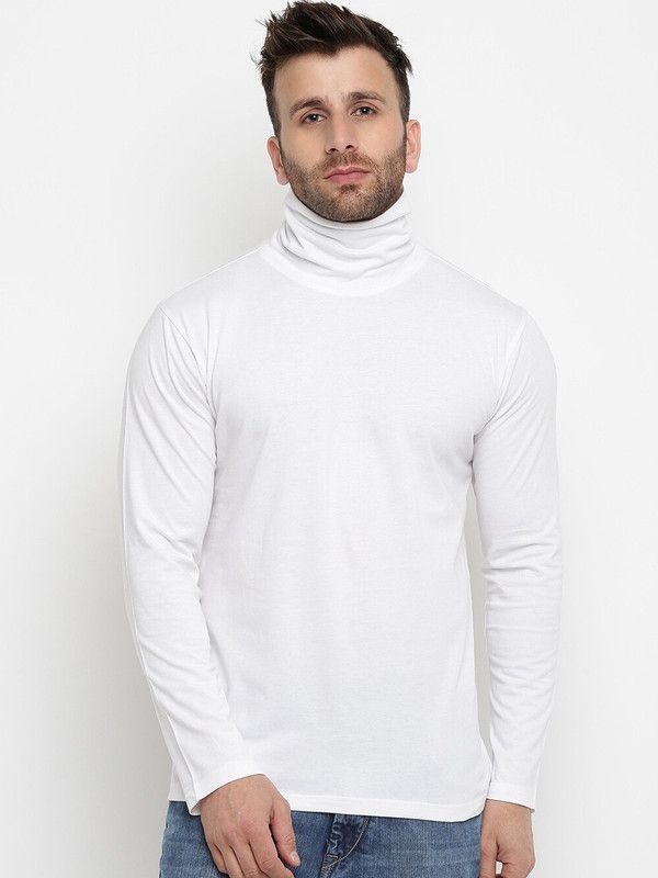 t12 Men Solid High Neck Cotton Blend White T-Shirt