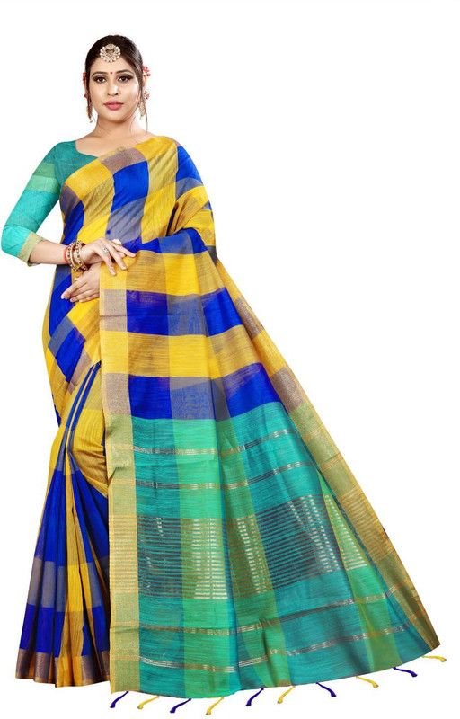 Checkered Chettinadu Pure Cotton Saree  (Blue, Yellow)
