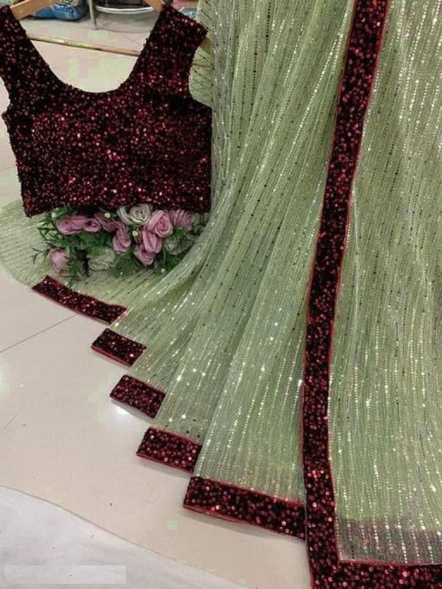 Embellished Bollywood Net Saree  (Beige)