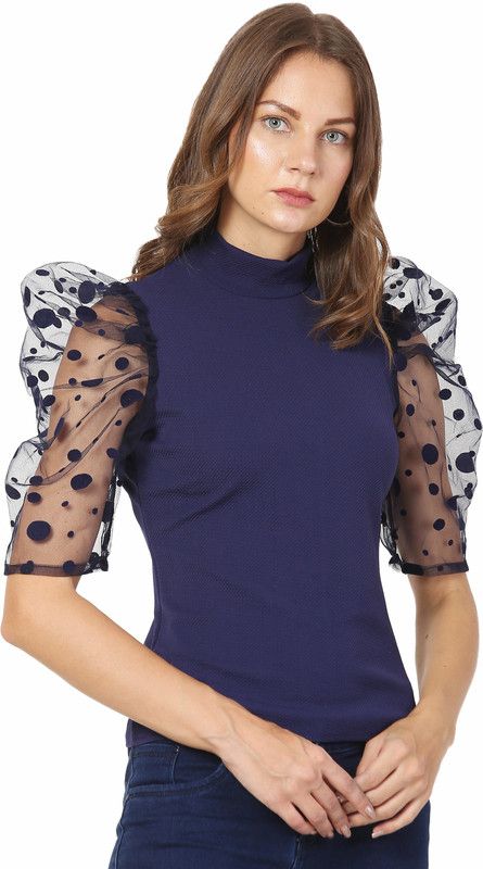 Casual Puff Sleeves Solid Women Dark Blue Top