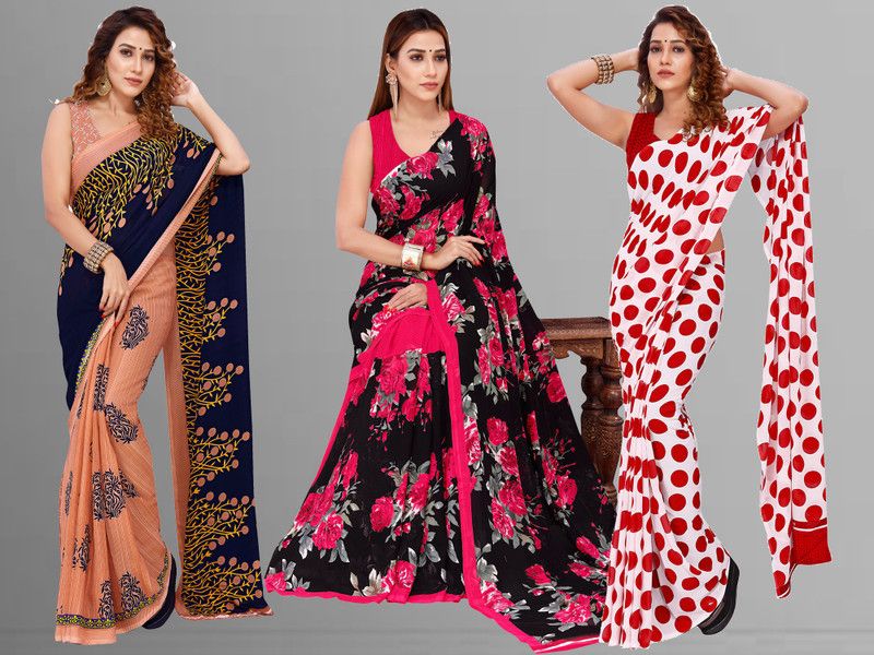 Printed Daily Wear Georgette Saree  (Pack of 3, Beige, Blue, Pink, Black)