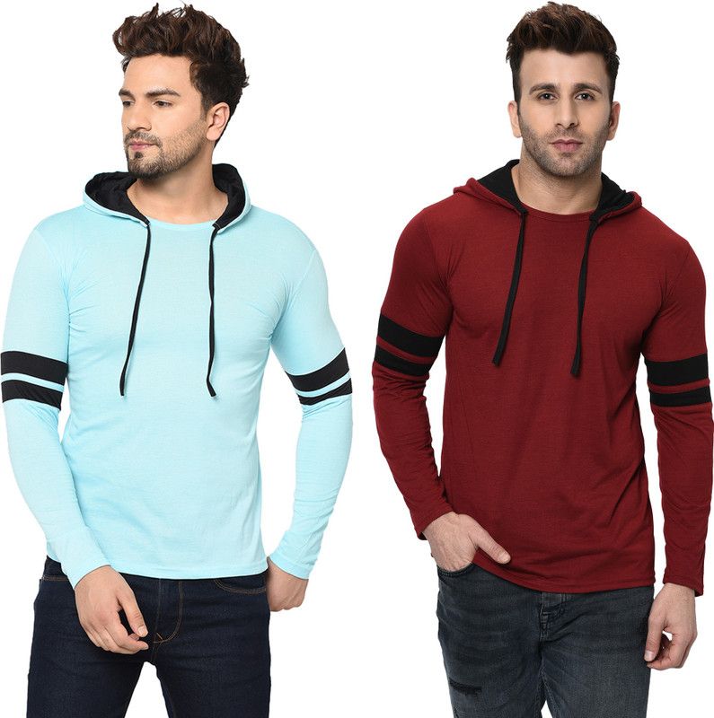 Pack of 2 MZM-FZN Men Solid Hooded Neck Cotton Blend Light Blue, Maroon T-Shirt