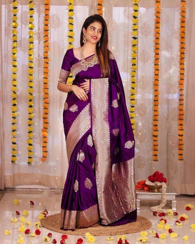 Banarasi Cotton Silk Saree  (Purple)