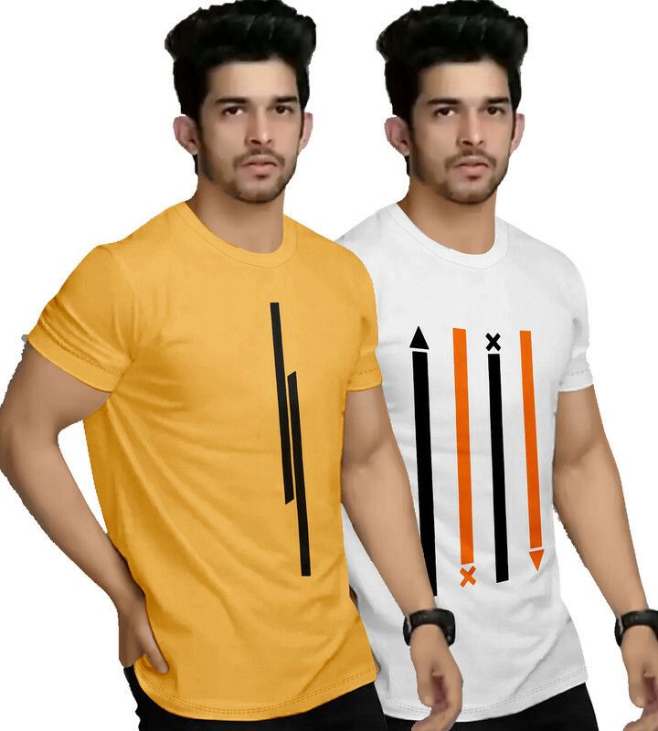 Pack of 2 Men Printed Round Neck Cotton Blend Yellow T-Shirt
