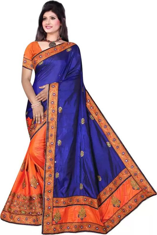Embroidered, Embellished Bollywood Silk Blend Saree  (Blue, Orange)