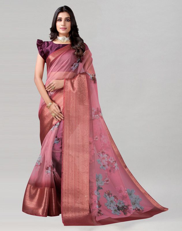 Printed, Woven, Embellished, Floral Print Bollywood Organza Saree  (Purple, Pink)
