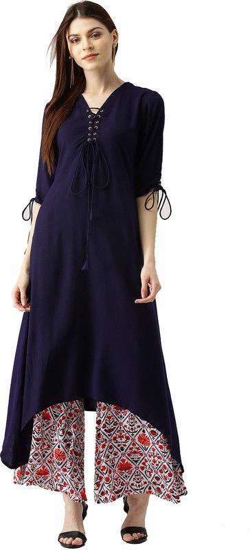 Women Solid Cotton Rayon Trail Cut Kurta  (Blue)