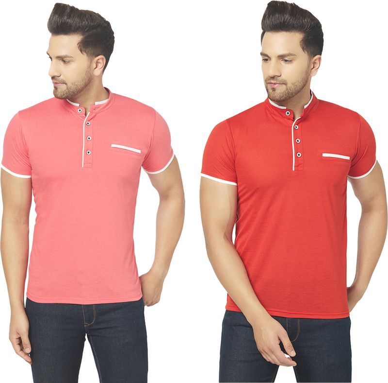 Pack of 2 Men Solid Mandarin Collar Cotton Blend Red, Pink T-Shirt