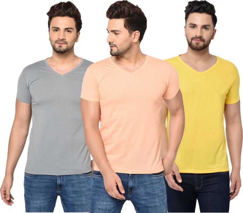 Pack of 3 Men Solid V Neck Cotton Blend Grey, Beige, Yellow T-Shirt
