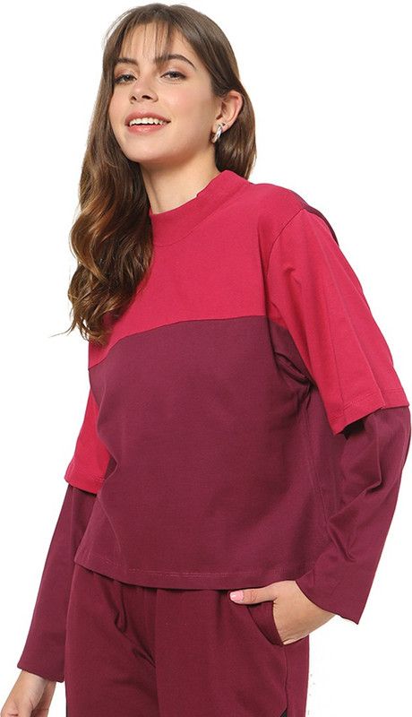 Women Colorblock Round Neck Pure Cotton Purple T-Shirt
