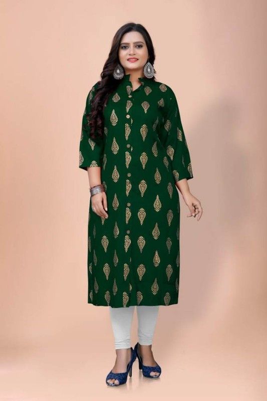 Women Woven Design Cotton Rayon A-line Kurta  (Green)