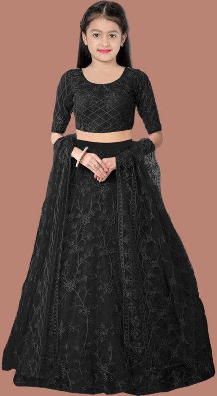 Girls Lehenga Choli Ethnic Wear Embroidered Lehenga, Choli and Dupatta Set  (Black, Pack of 3)