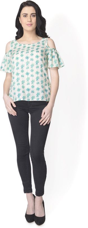 Casual Cold Shoulder Sleeves Printed Women White, Green Top