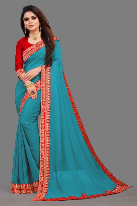 Self Design Bollywood Georgette, Lycra Blend Saree  (Light Blue)