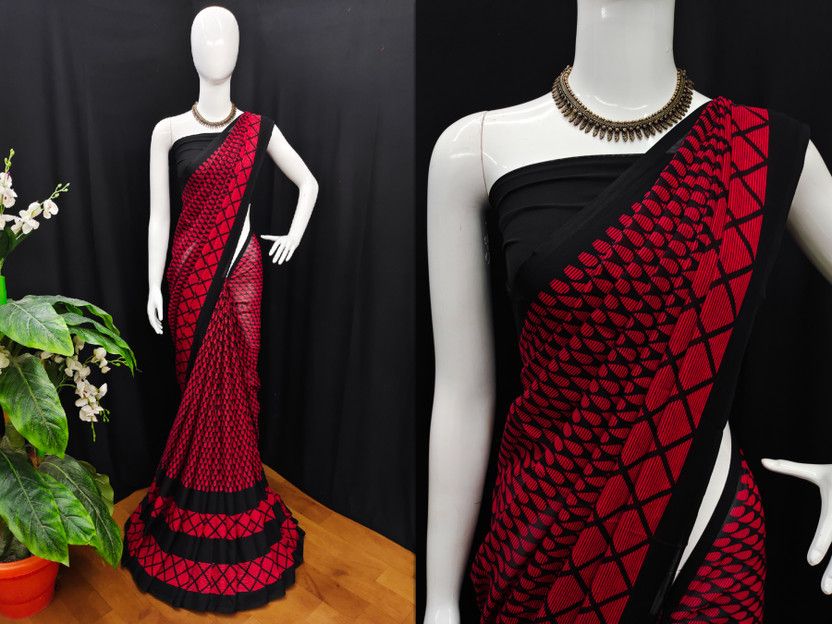 Printed, Paisley Bollywood Georgette Saree  (Red, Black)