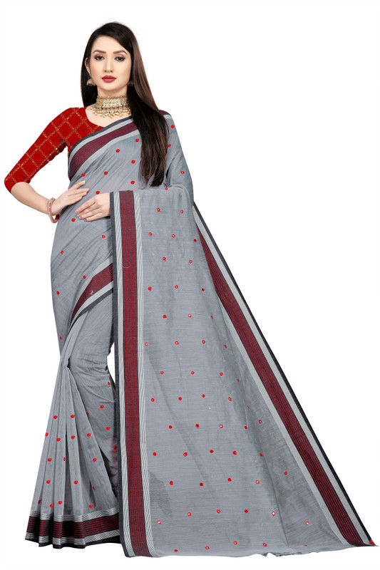Self Design Chanderi Cotton Linen Saree  (Red, Grey)