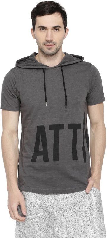 Men Typography Hooded Neck Cotton Blend Grey T-Shirt