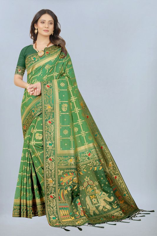 Woven, Dyed Banarasi Jacquard Saree  (Green)