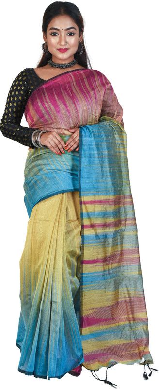 Striped Ikkat Cotton Silk Saree  (Multicolor)
