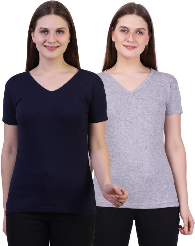 Solid Women Dark Blue, Grey T-Shirt  (Pack of 2)