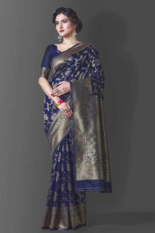Woven Bollywood Pure Silk Saree  (Dark Blue, Gold)