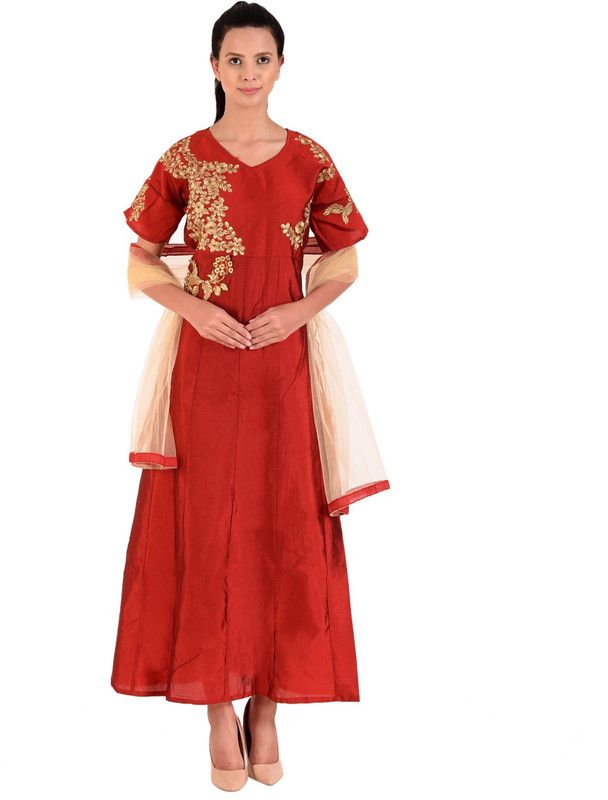 Embroidered Silk Blend Semi Stitched Flared/A-line Gown  (Maroon)