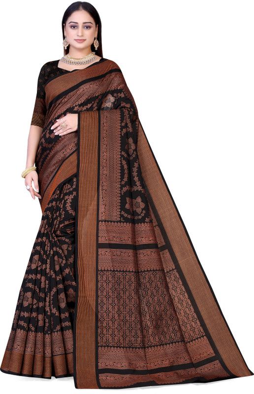 Floral Print Banarasi Jute Silk Saree  (Black)