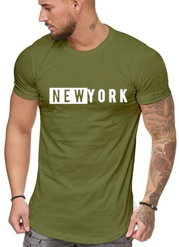 NewYork-HF8-OL-XXL Men Graphic Print Round Neck Pure Cotton Dark Green T-Shirt