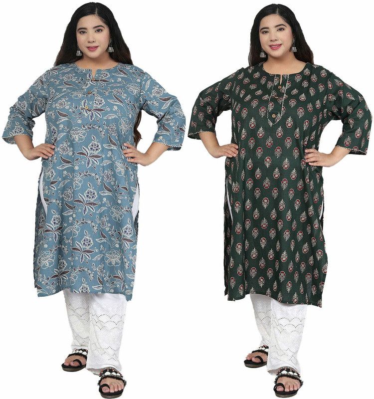 Pack of 2 Women Floral Print Pure Cotton Straight Kurta  (Grey, Green)