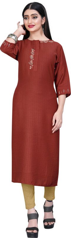 Women Embroidered Polyester Straight Kurta  (Red)