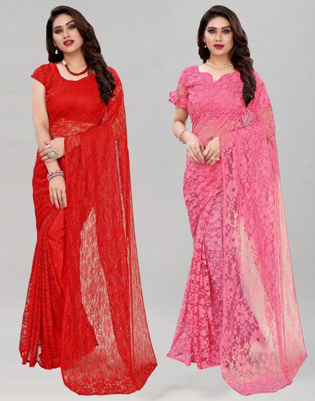 Self Design Bollywood Net Saree  (Pack of 2, Red, Pink)